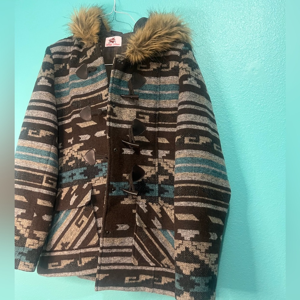Kids Aztec Toggle Coat with Faux Fur Hood - Teal & Brown
